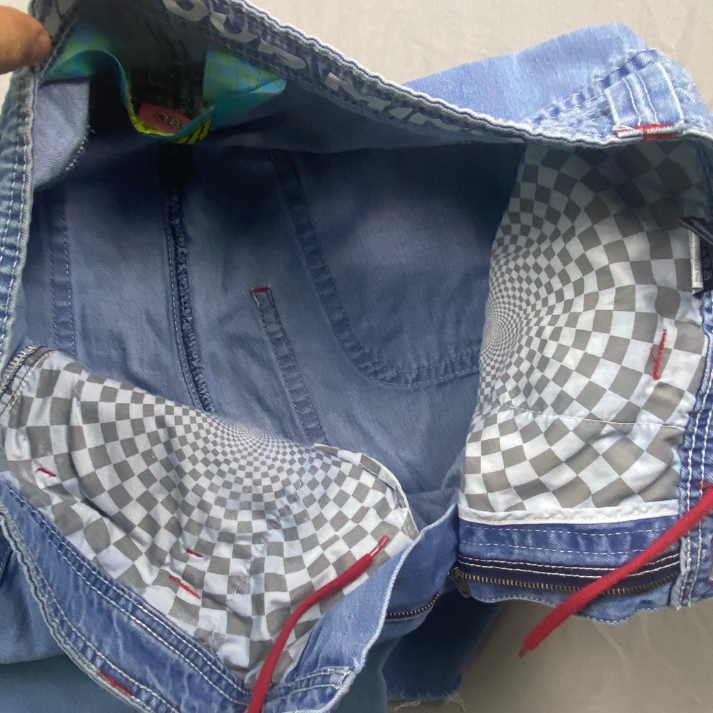 A-Lab Womens Y2K Denim Shorts Size 38 Blue Raw Hem Rave Skater Graphic Patch - Picture 13 of 14